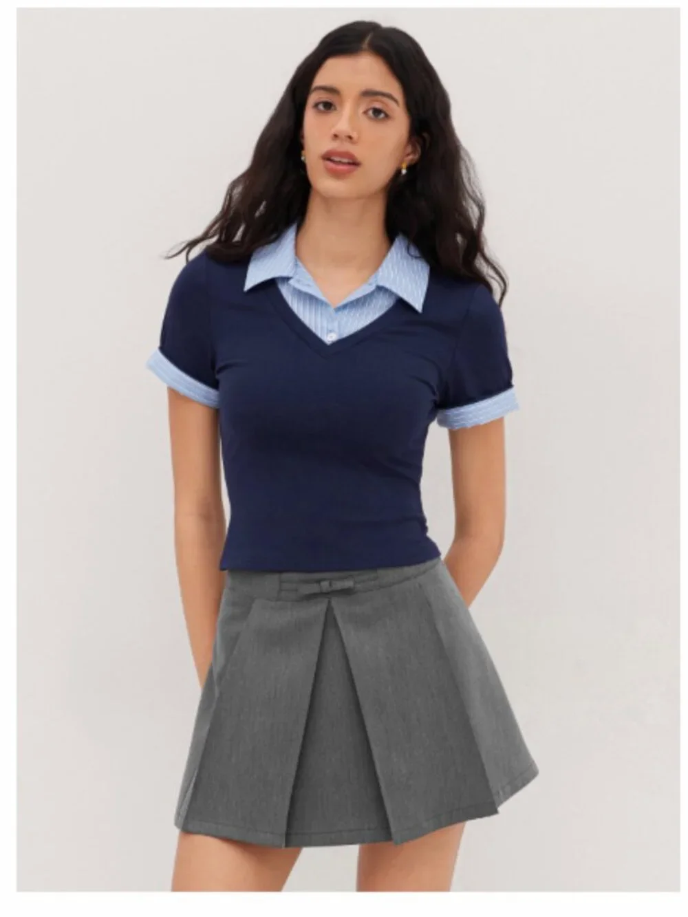 Cotton Collar Stripe Two Tone Short Sleeve Top - Picture 3 of 3